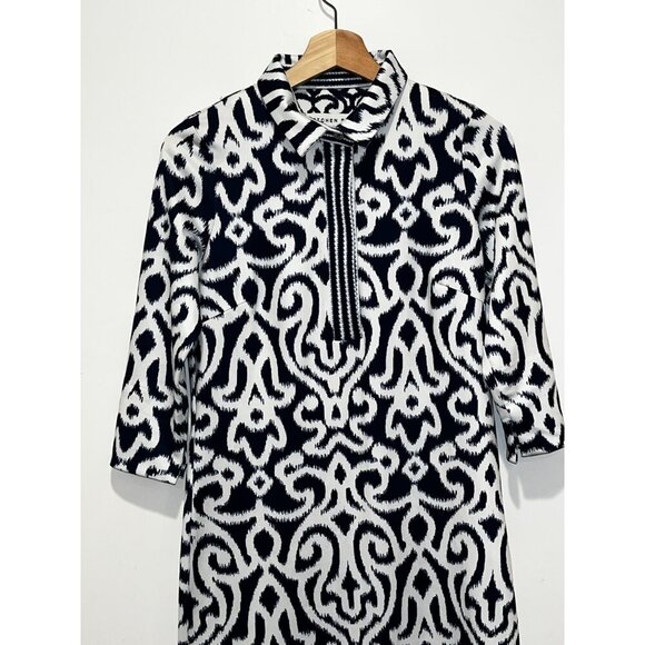 Gretchen Scott Blue & White Ikat Print Dress 3/4 Sleeves & Stand Collar Women's - Picture 2 of 9